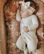 CANIS 2PCS Newborn Baby Girl Boy Cotton Long Sleeve Button Ruffles Solid Color Romper Headband Pyjamas Outfits Clothes