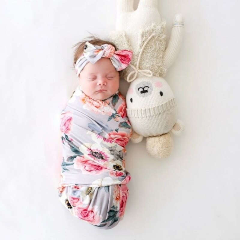 Baby Swaddle Blanket Newborn Baby Floral Swaddle Blanket Toddler Girl Boys Receiving Blanket Infant Swaddle Wrap Headband 2pcs