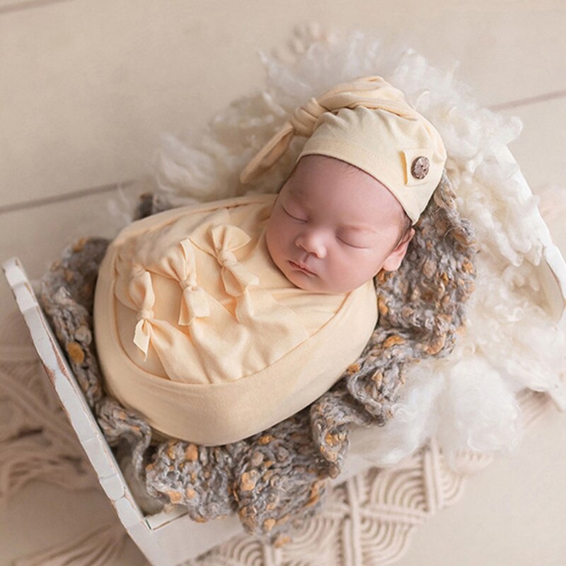 Ylsteed 7pcs Set Newborn Photography Accessories Baby Photo Props Newborn Stretch Wrap Top Knot Hat with Posing Pillow Pic Idea