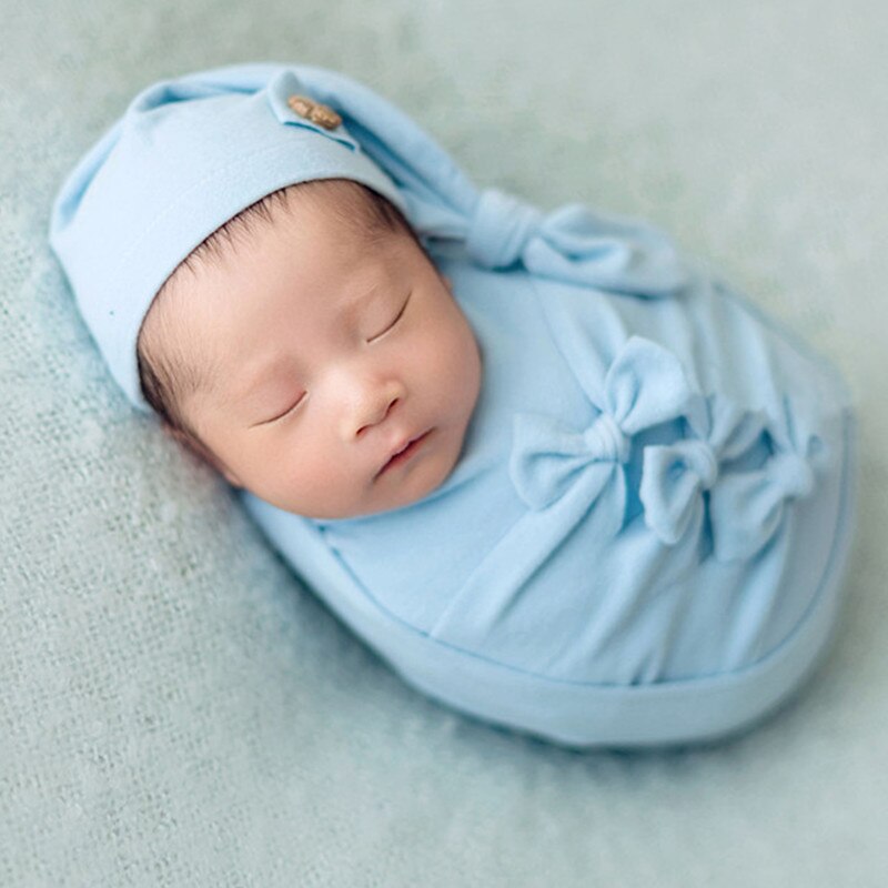 Ylsteed 7pcs Set Newborn Photography Accessories Baby Photo Props Newborn Stretch Wrap Top Knot Hat with Posing Pillow Pic Idea