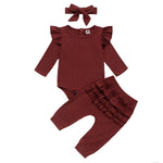 Newborn Baby Girl Clothes Autumn Infant Baby Clothes Outfits Knitted Bodysuit Top Romper Ruffle Pants Headband 3pcs Clothing Set