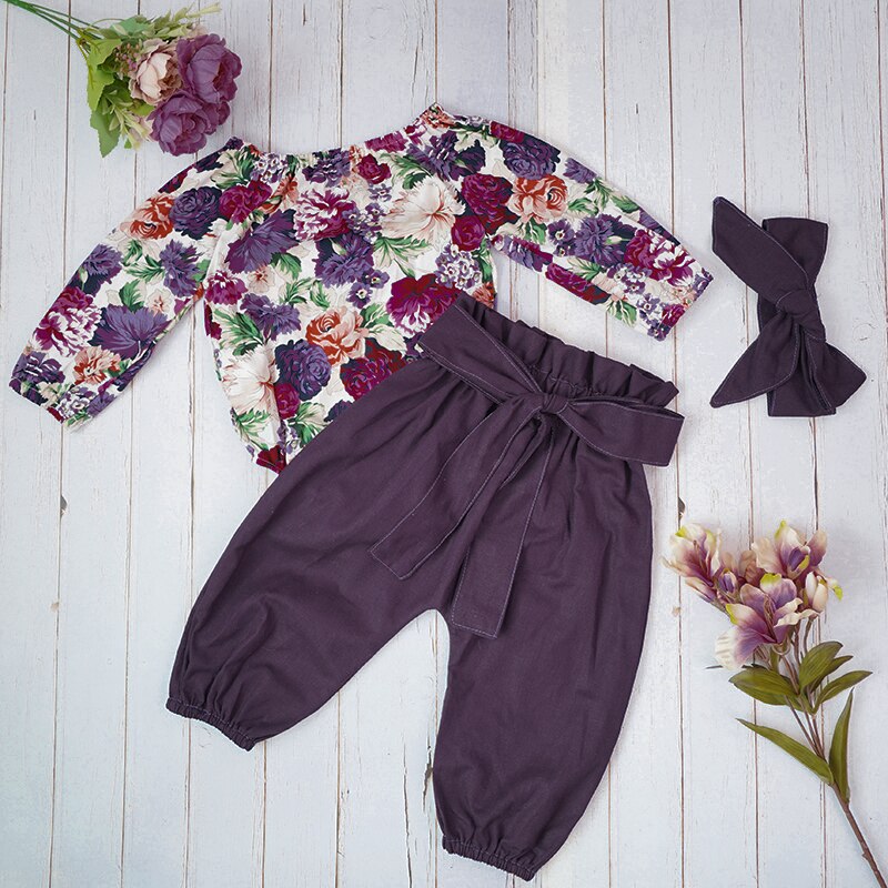 Long Sleeve Baby Clothes Autumn Clothing For Baby Toddler Girls Purple Floral Romper Pants Headband Clothes Set Roupa Infantil