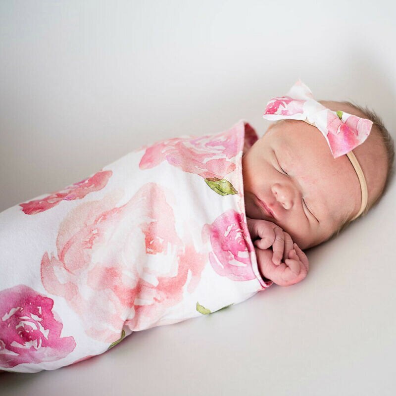 Newborn Baby Infant Floral Swaddle Sleeping Bag Sack Muslin Wrap Headband Set Photoprop