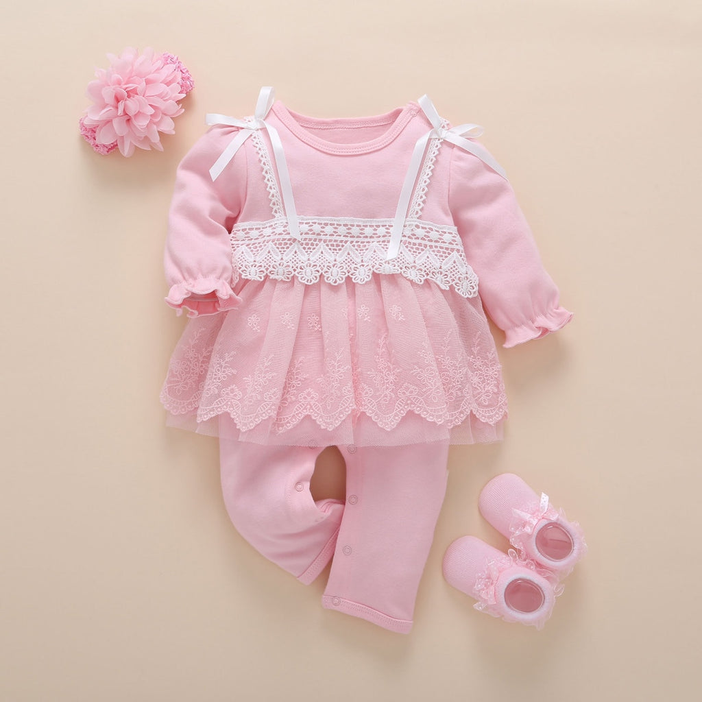 new born baby clothes long sleeved princess baby girl romper autumn spring lace children jumpsuit+headband+socks toddler set 3m