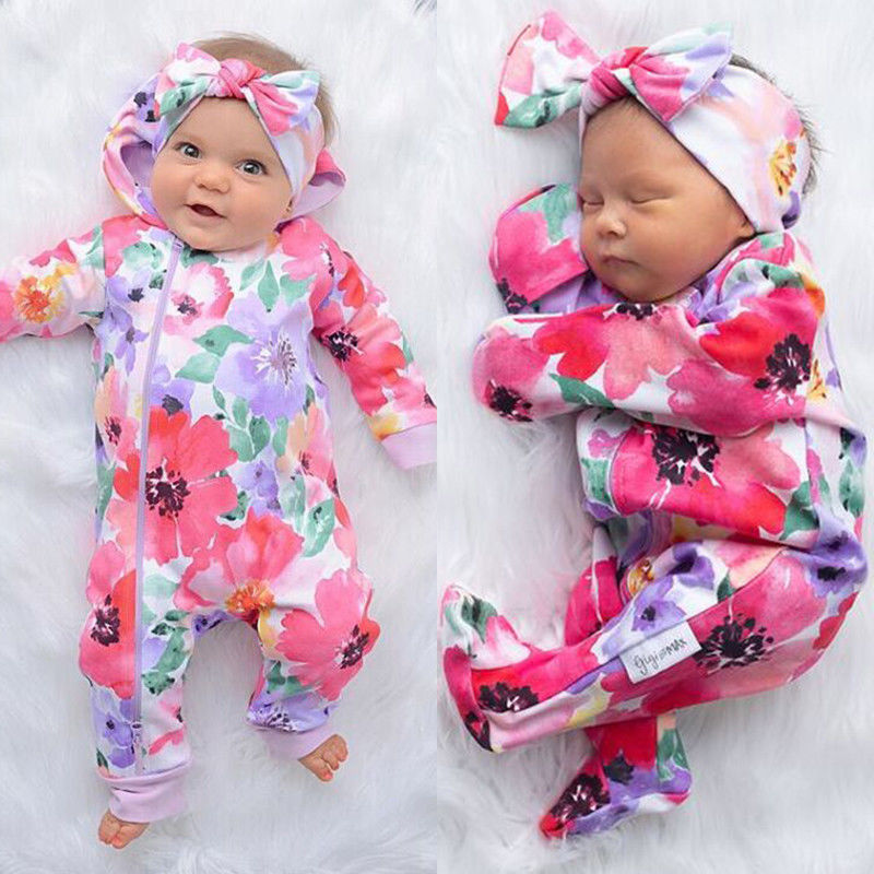 Pudcoco Girl Jumpsuits 0-24M US Flower Newborn Baby Girl Zipper Cotton Romper Jumpsuit Autumn Outfits Clothes