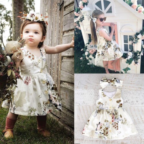 Summer Cute Princess Sleeveless Flower Baby Girls Toddler Kids Dress Button Party Pageant Tutu Dresses Clothes