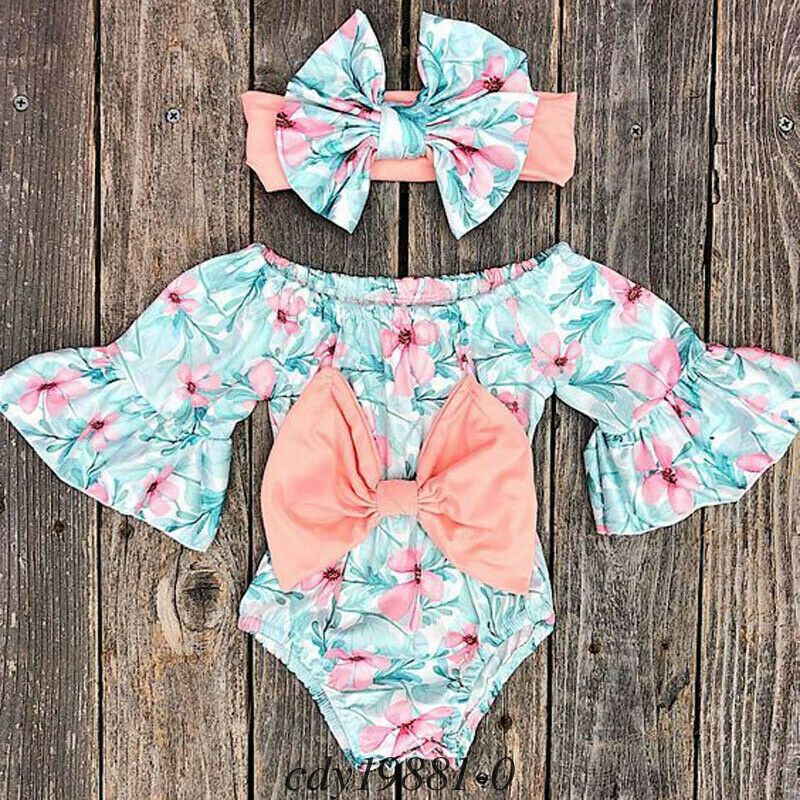 CANIS Brand 2019 Summer Newborn Kids Baby Girls Big Bowknot Floral Printed Romper Jumpsuit + Bow Knot Headband Clothes Sunsuit