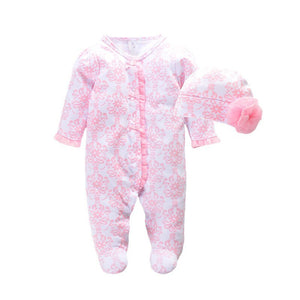Spring Autumn Cute Ruffle Flower Full Sleeves Girls Rompers + Cap Princess Overalls Baby Jumpsuit Infant Outfit Kids Child Cloth