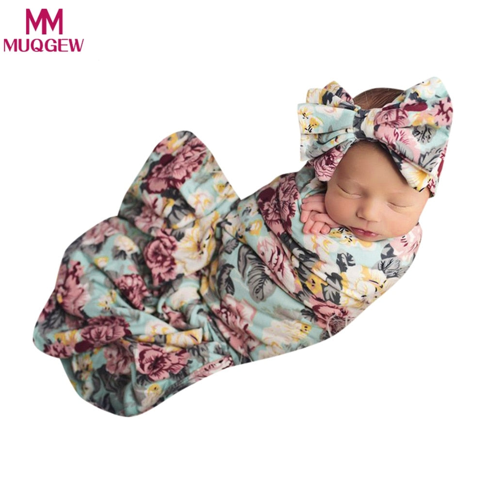 Newborn Baby Boy Girl Infant Floral Swaddle Wrap Headband Swaddling Blanket Muslin Floral Print Baby Sleeping Blanket