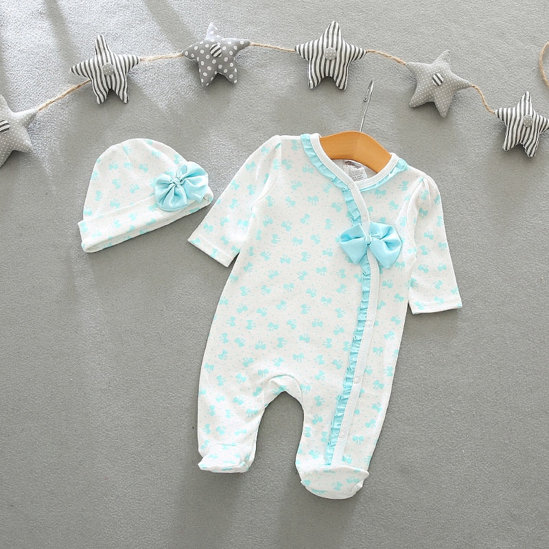 Spring Autumn Cute Ruffle Flower Full Sleeves Girls Rompers + Cap Princess Overalls Baby Jumpsuit Infant Outfit Kids Child Cloth