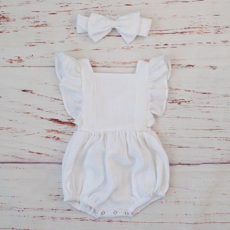 Organic Cotton Baby Girl Clothes Summer New Double Gauze Kids Ruffle Romper Jumpsuit Headband Dusty Pink Playsuit For Newborn 3M