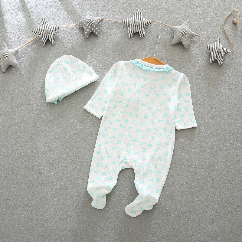 Spring Autumn Cute Ruffle Flower Full Sleeves Girls Rompers + Cap Princess Overalls Baby Jumpsuit Infant Outfit Kids Child Cloth