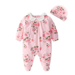 Floral Printing Newborn Baby Girl Clothes Peter Pan Collar Jumpsuits & Hats Clothing Sets 2019 Princess Girls Footies Body suits