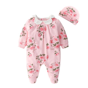 Floral Printing Newborn Baby Girl Clothes Peter Pan Collar Jumpsuits & Hats Clothing Sets 2019 Princess Girls Footies Body suits