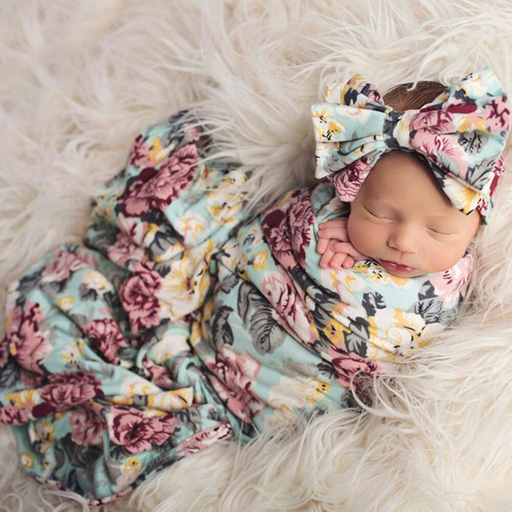 Newborn Baby Boy Girl Infant Floral Swaddle Wrap Headband Swaddling Blanket Muslin Floral Print Baby Sleeping Blanket