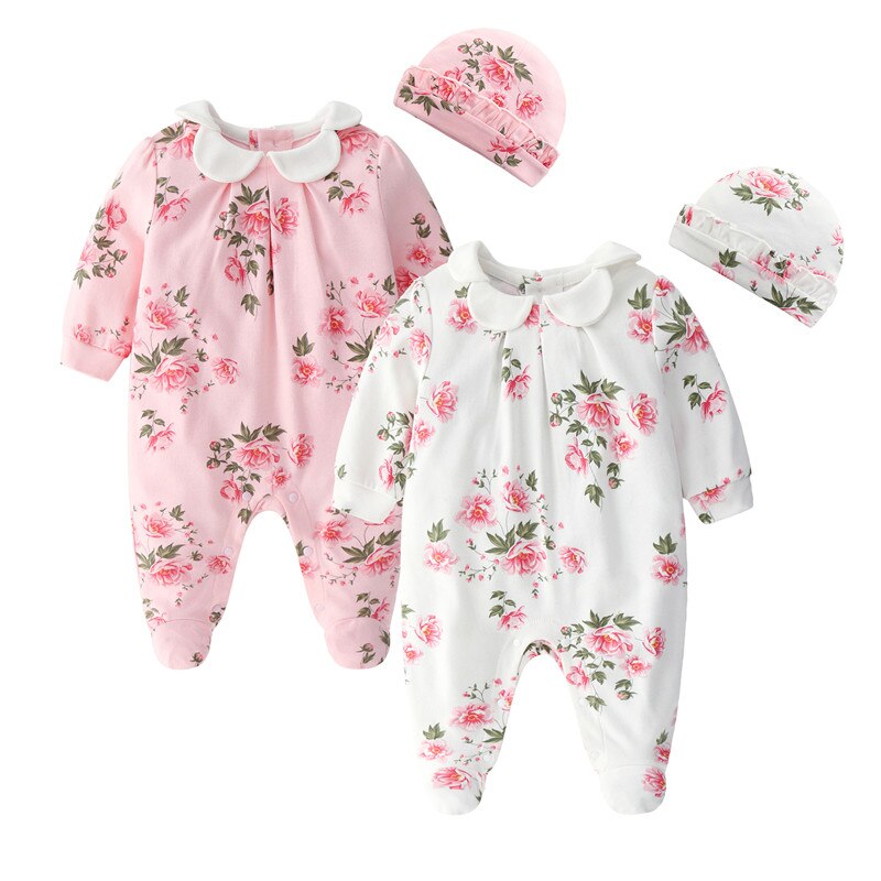 Floral Printing Newborn Baby Girl Clothes Peter Pan Collar Jumpsuits & Hats Clothing Sets 2019 Princess Girls Footies Body suits