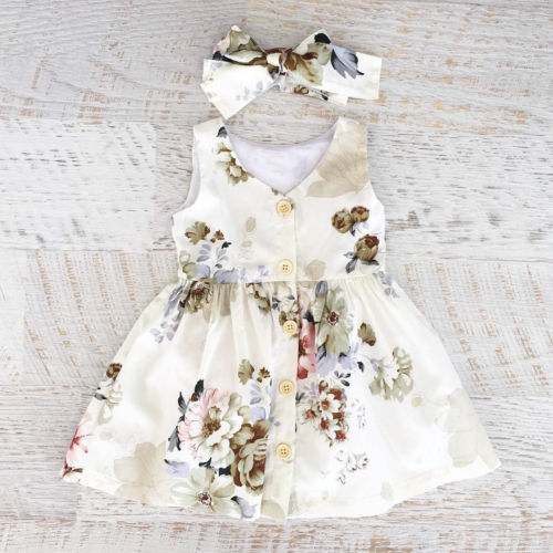 Summer Cute Princess Sleeveless Flower Baby Girls Toddler Kids Dress Button Party Pageant Tutu Dresses Clothes