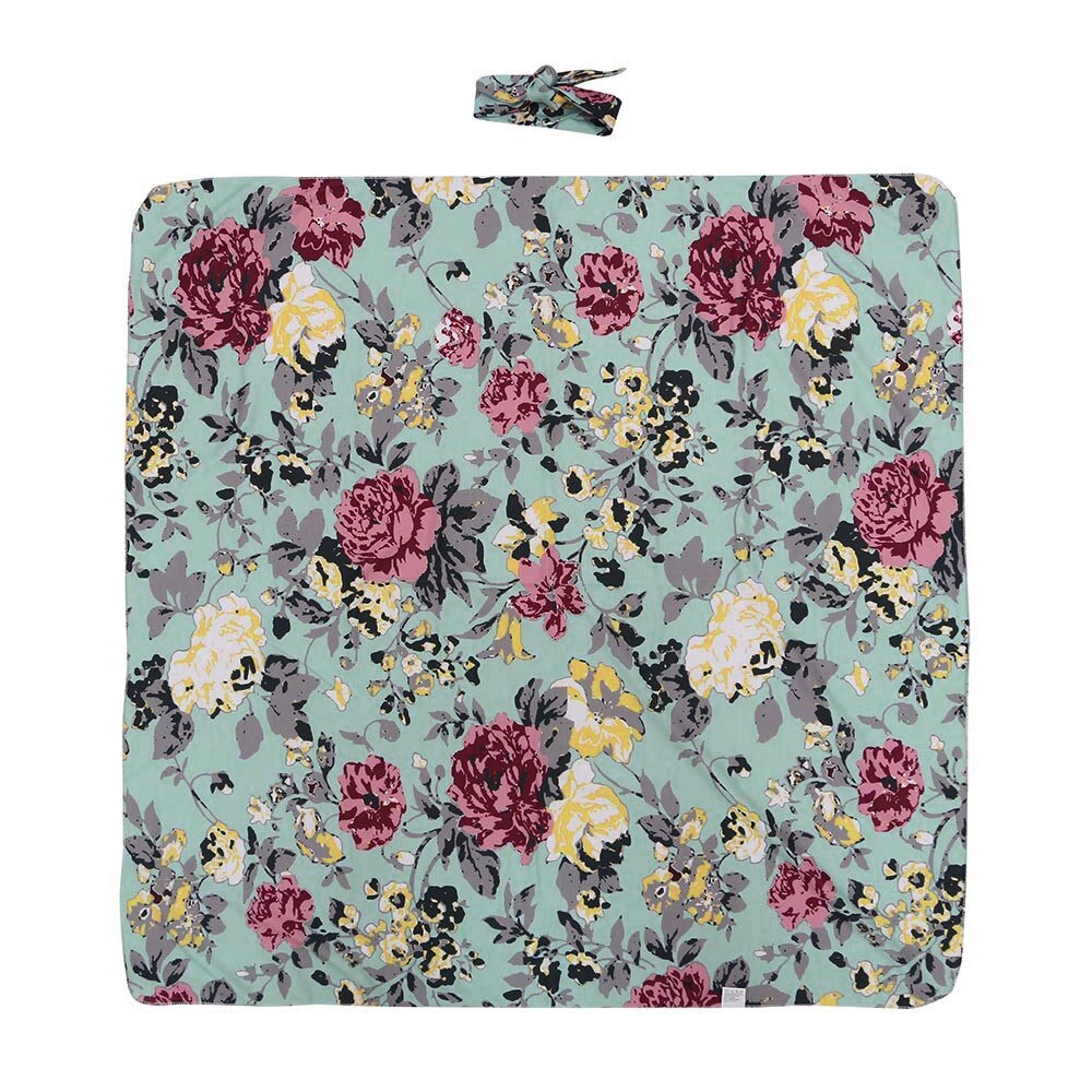 Newborn Baby Boy Girl Infant Floral Swaddle Wrap Headband Swaddling Blanket Muslin Floral Print Baby Sleeping Blanket