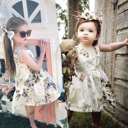 Summer Cute Princess Sleeveless Flower Baby Girls Toddler Kids Dress Button Party Pageant Tutu Dresses Clothes