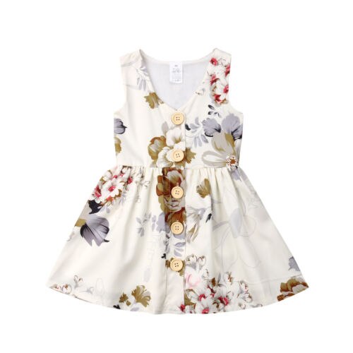 Summer Cute Princess Sleeveless Flower Baby Girls Toddler Kids Dress Button Party Pageant Tutu Dresses Clothes