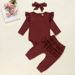 Newborn Baby Girl Clothes Autumn Infant Baby Clothes Outfits Knitted Bodysuit Top Romper Ruffle Pants Headband 3pcs Clothing Set