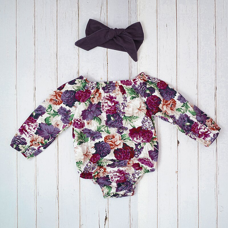 Long Sleeve Baby Clothes Autumn Clothing For Baby Toddler Girls Purple Floral Romper Pants Headband Clothes Set Roupa Infantil