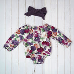 Long Sleeve Baby Clothes Autumn Clothing For Baby Toddler Girls Purple Floral Romper Pants Headband Clothes Set Roupa Infantil