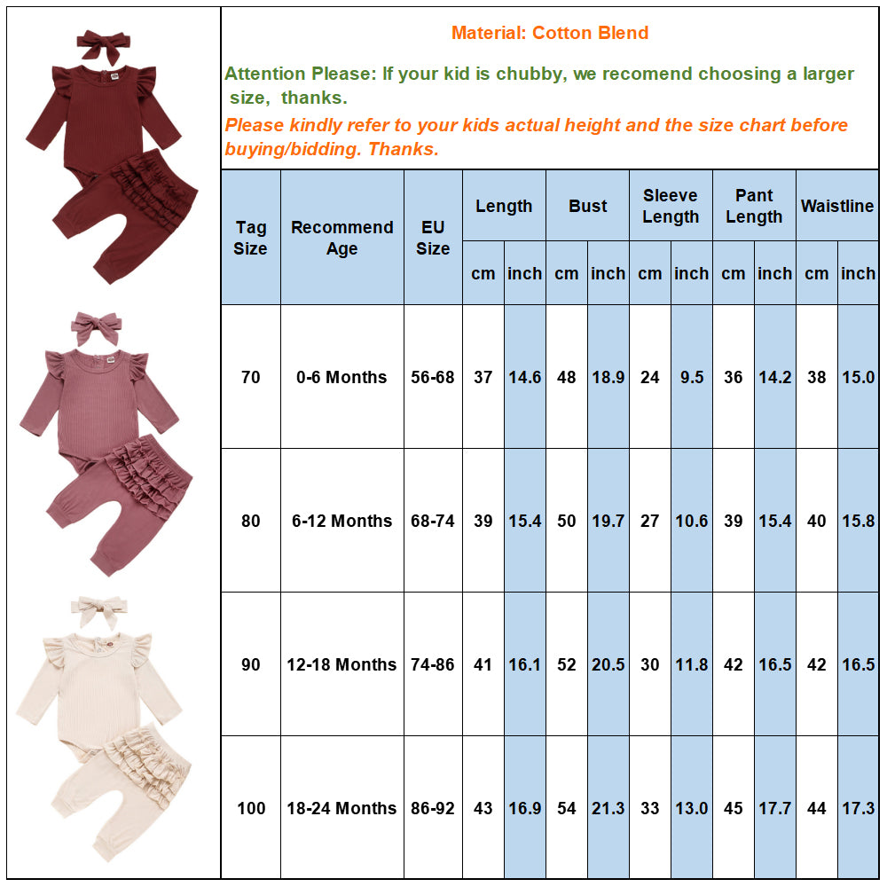 Newborn Infant Baby Girls Ruffle T-Shirt Romper Tops Leggings Pant 3Pcs Outfits Clothes Set Long Sleeve Fall Winter Clothing D20