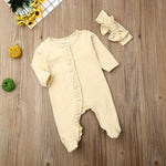 CANIS 2PCS Newborn Baby Girl Boy Cotton Long Sleeve Button Ruffles Solid Color Romper Headband Pyjamas Outfits Clothes