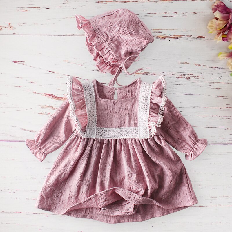 Autumn Girls Baby Birthday Romper Fashion Cotton Long-sleeved One-piece Skirt Rompers Hat Princess Toddler Kids Clothes Outfits