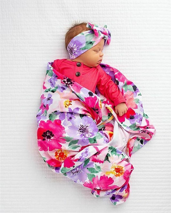 PUDCOCO Newest Soft Infant Swaddle Muslin Blanket Newborn Baby Boys Girls Floral Wrap Swaddling Blanket Set 2PCS Outfits