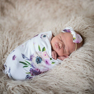 Newborn Baby Infant Floral Swaddle Sleeping Bag Sack Muslin Wrap Headband Set Photoprop