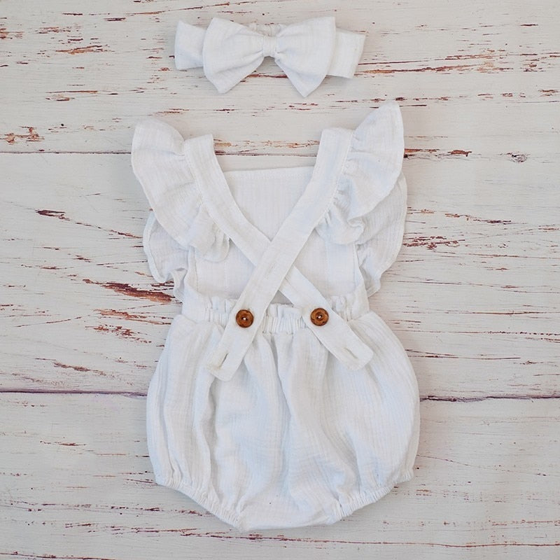 Organic Cotton Baby Girl Clothes Summer New Double Gauze Kids Ruffle Romper Jumpsuit Headband Dusty Pink Playsuit For Newborn 3M