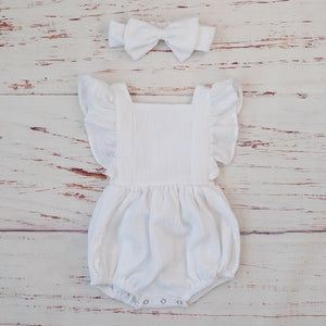Organic Cotton Baby Girl Clothes Summer New Double Gauze Kids Ruffle Romper Jumpsuit Headband Dusty Pink Playsuit For Newborn 3M