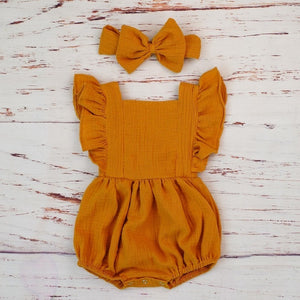 Organic Cotton Baby Girl Clothes Summer New Double Gauze Kids Ruffle Romper Jumpsuit Headband Dusty Pink Playsuit For Newborn 3M